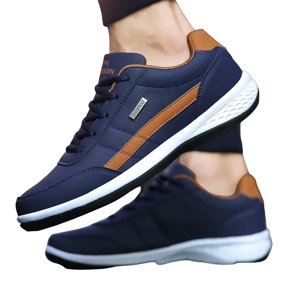 Men waterproof leather casual sneakers in navy blue and tan with white midsole and black outsole