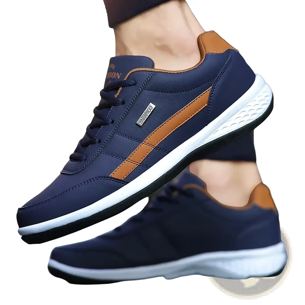 Men waterproof leather casual sneakers in navy blue and tan with white midsole and black outsole