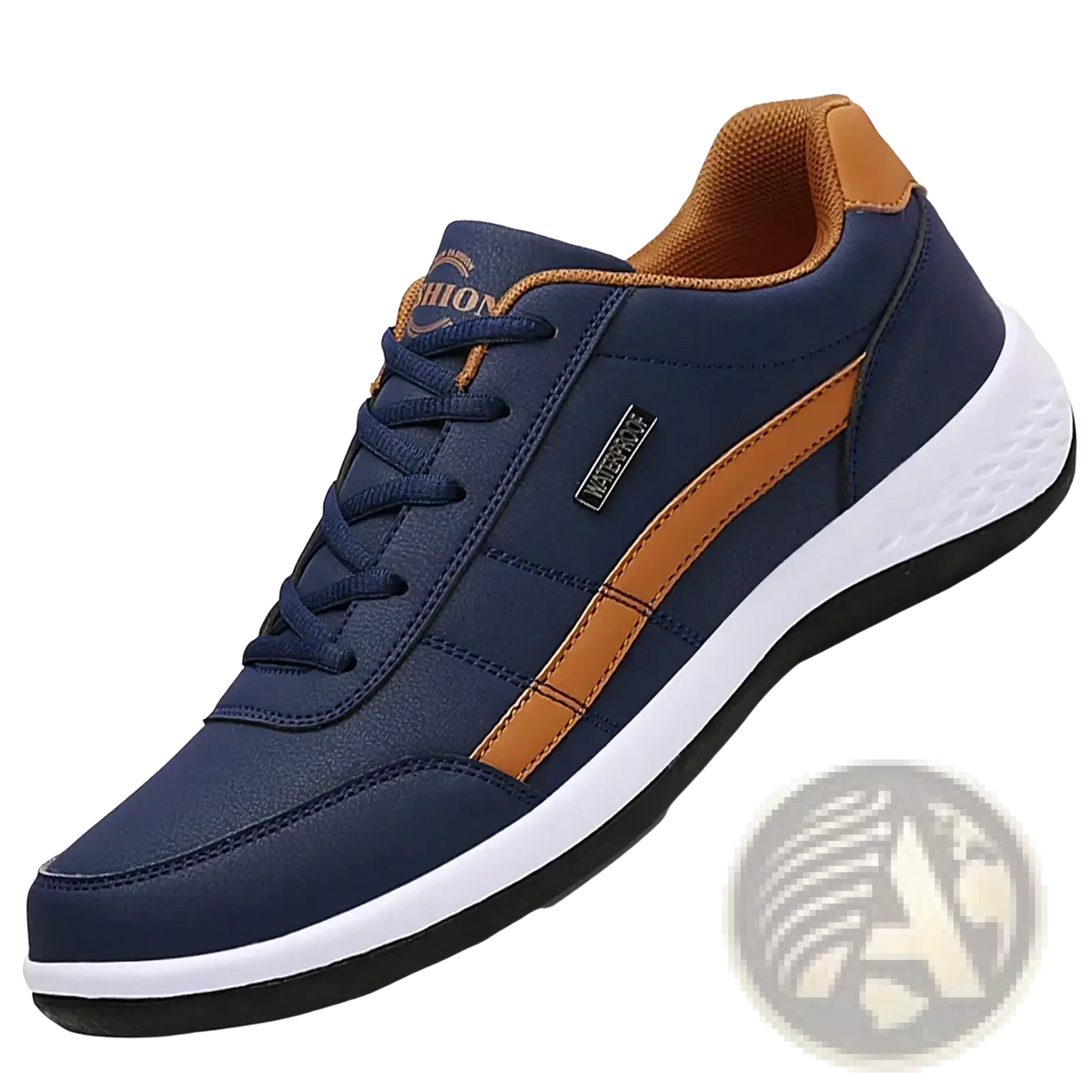 Men waterproof leather casual sneakers in navy blue and tan with white midsole and black outsole displayed from the back