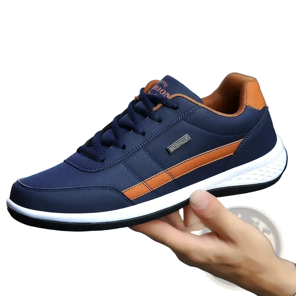 Men waterproof leather casual sneakers in navy blue and tan with white rubber sole for athletic use