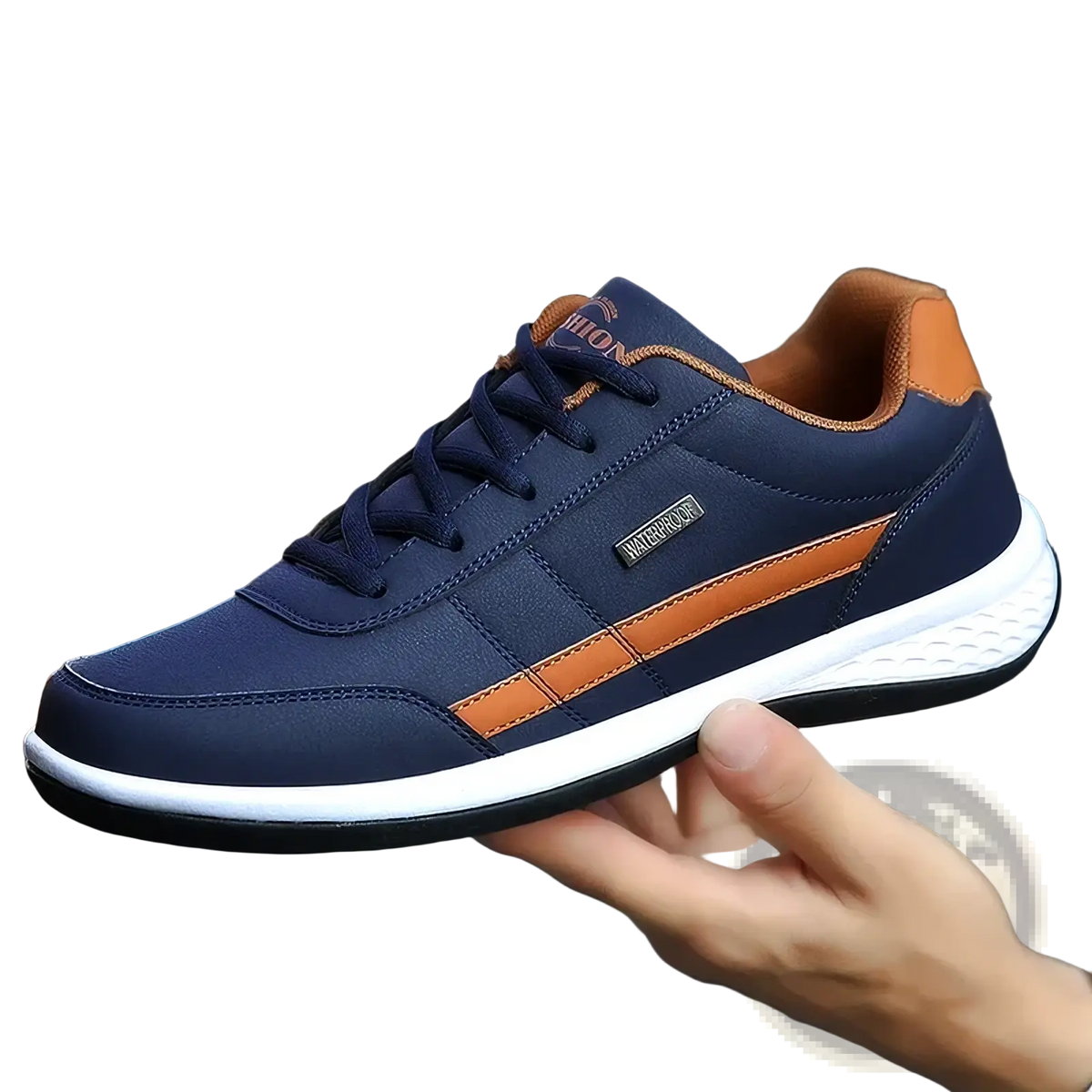 Men waterproof leather casual sneakers in navy blue and tan with white rubber sole for athletic use