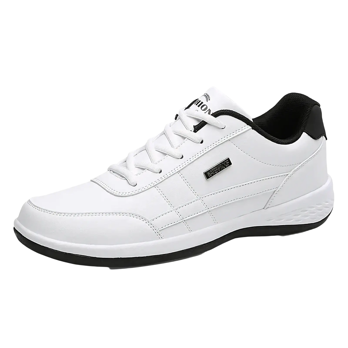 Men waterproof leather casual sneakers in white and black with a sleek minimalist design and smooth leather panels