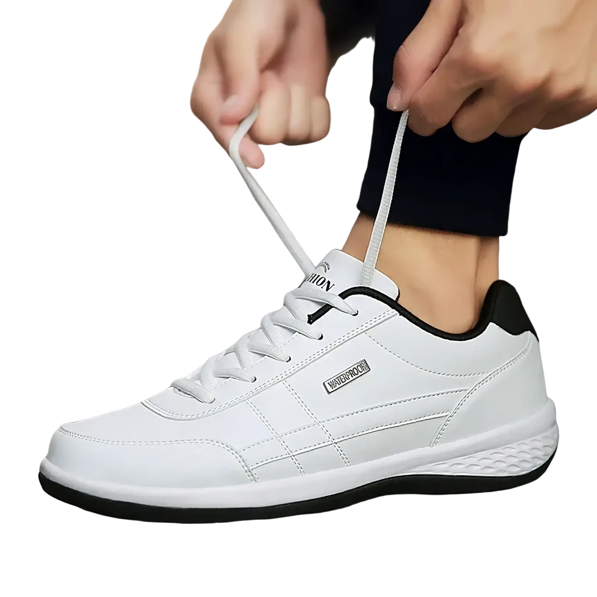Men waterproof leather casual sneakers in white leather with black accents and a textured rubber sole