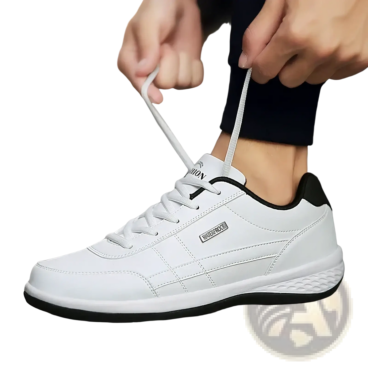Men waterproof leather casual sneakers in white leather with black accents and a textured rubber sole