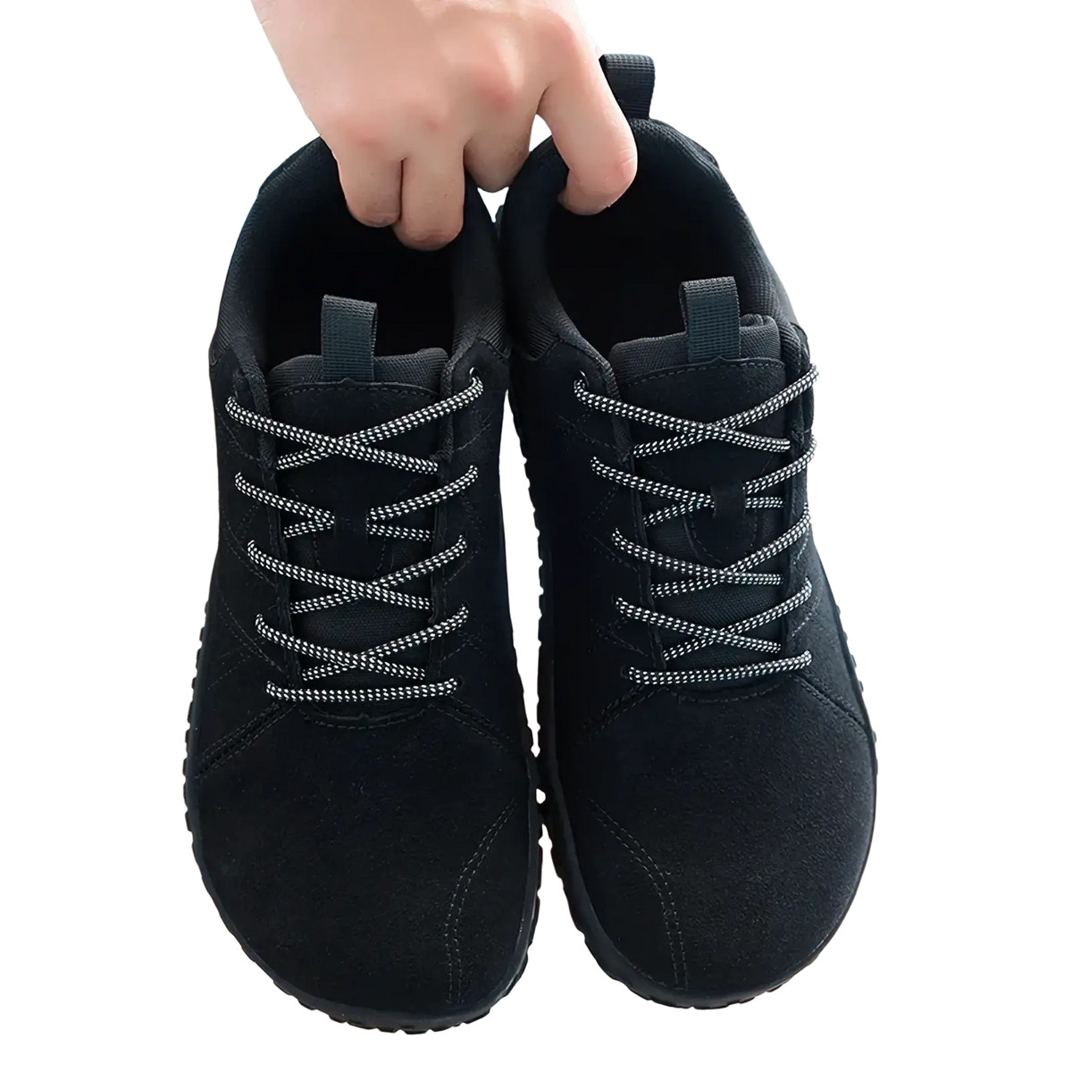 Black suede men waterproof leather hiking shoes with silver reflective laces and textured rubber sole