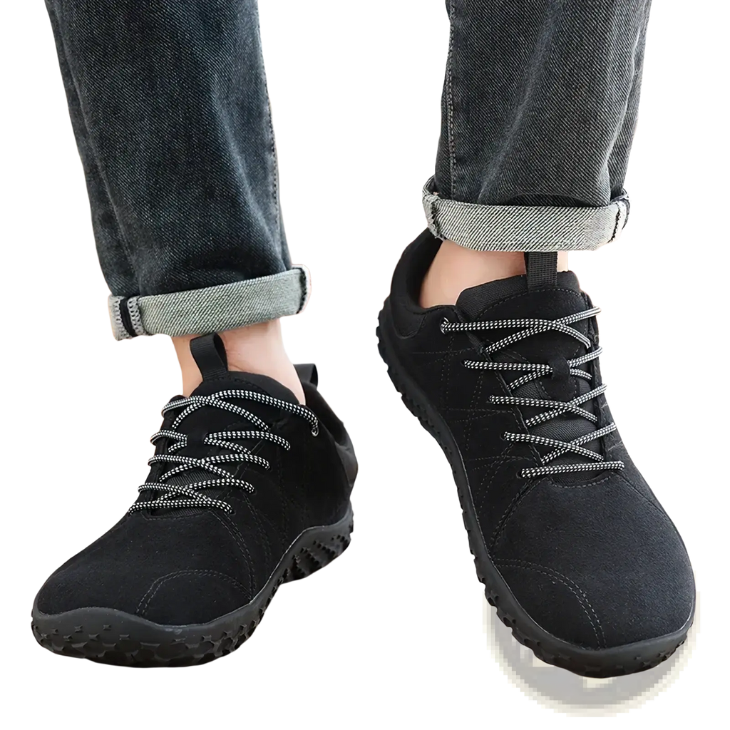 Men waterproof leather hiking shoes in black suede with textured laces and rugged rubber sole for outdoor use