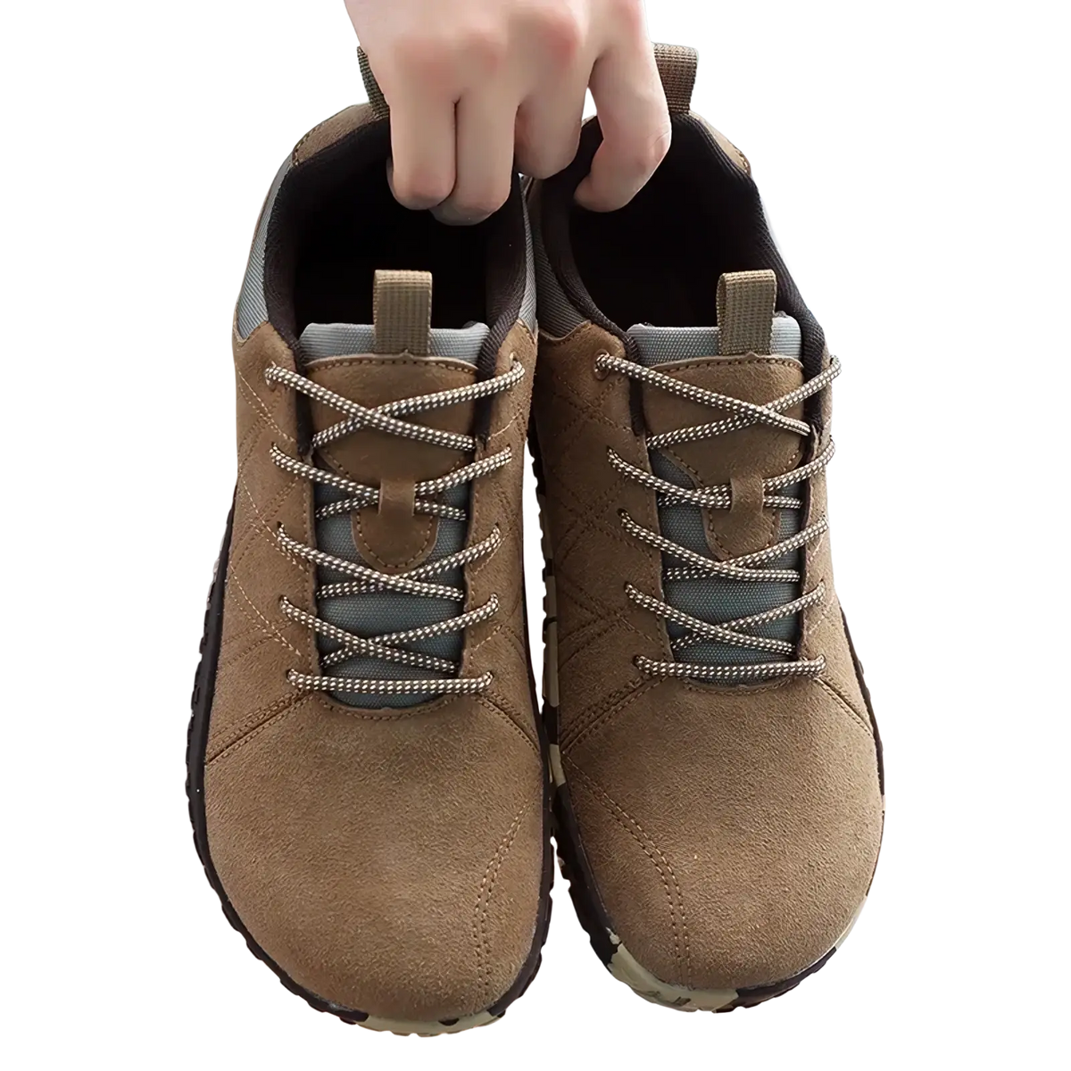 Men waterproof leather hiking shoes in brown suede with gray mesh lining and textured lace-up design
