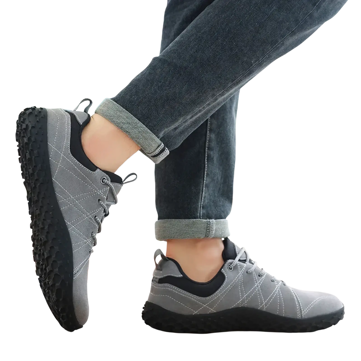 Gray and black waterproof leather hiking shoes for men with stitched upper and textured rubber sole for durability