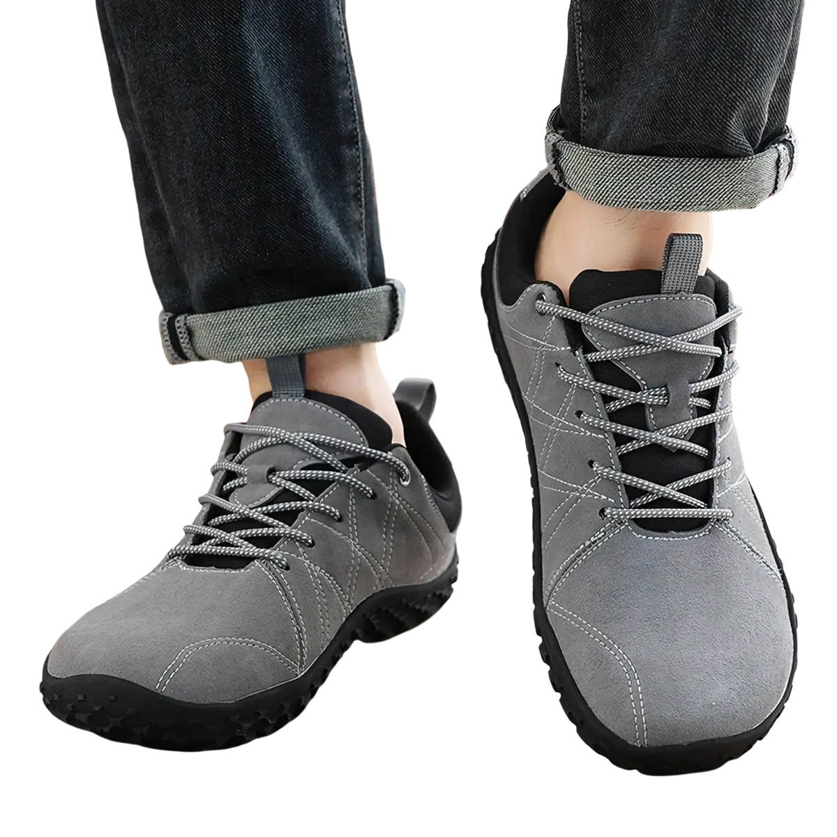Men waterproof leather hiking shoes in gray suede with black rubber soles and reinforced stitching for durability