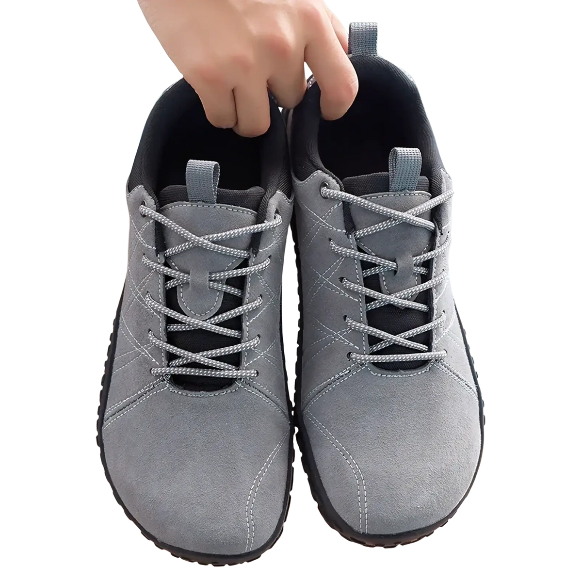 Men waterproof leather hiking shoes in gray suede with black laces and a textured rubber sole for durability