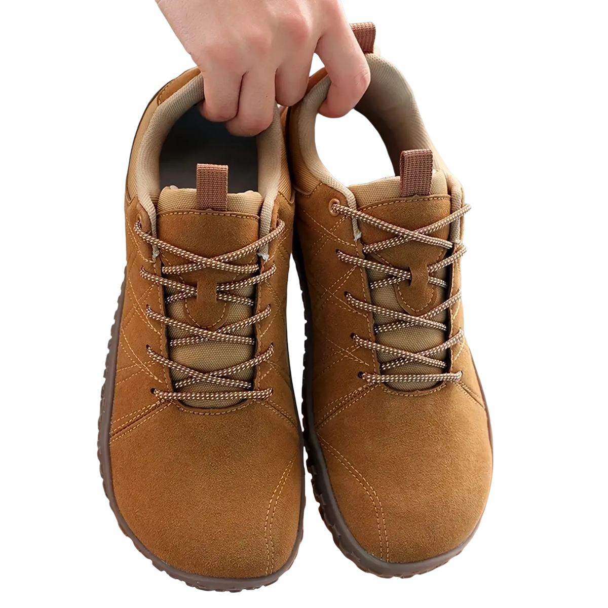 Men waterproof leather hiking shoes in tan suede with matching laces and a sturdy rubber sole