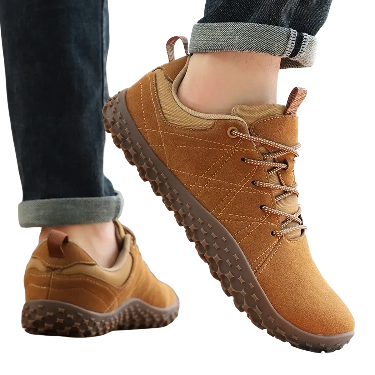 Men waterproof leather hiking shoes in tan suede with lace-up closure and textured rubber sole for walking