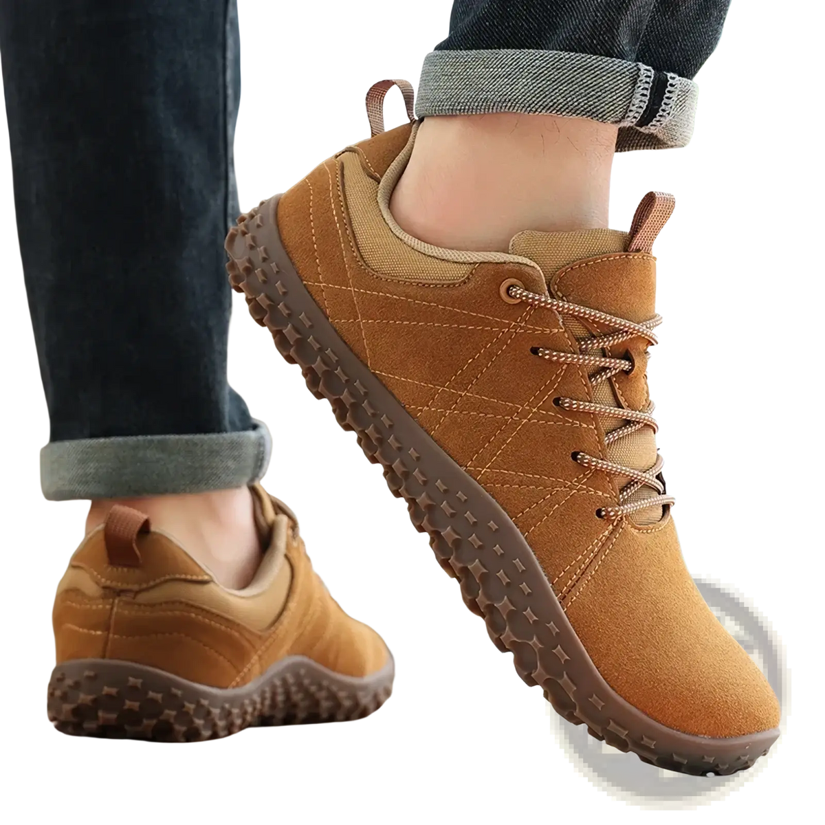 Men waterproof leather hiking shoes in tan suede with lace-up closure and textured rubber sole for walking