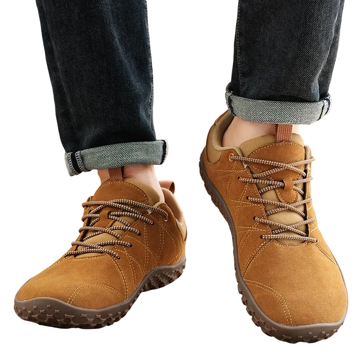 Men waterproof leather hiking shoes in tan suede with brown laces and textured rubber sole for rugged outdoor use