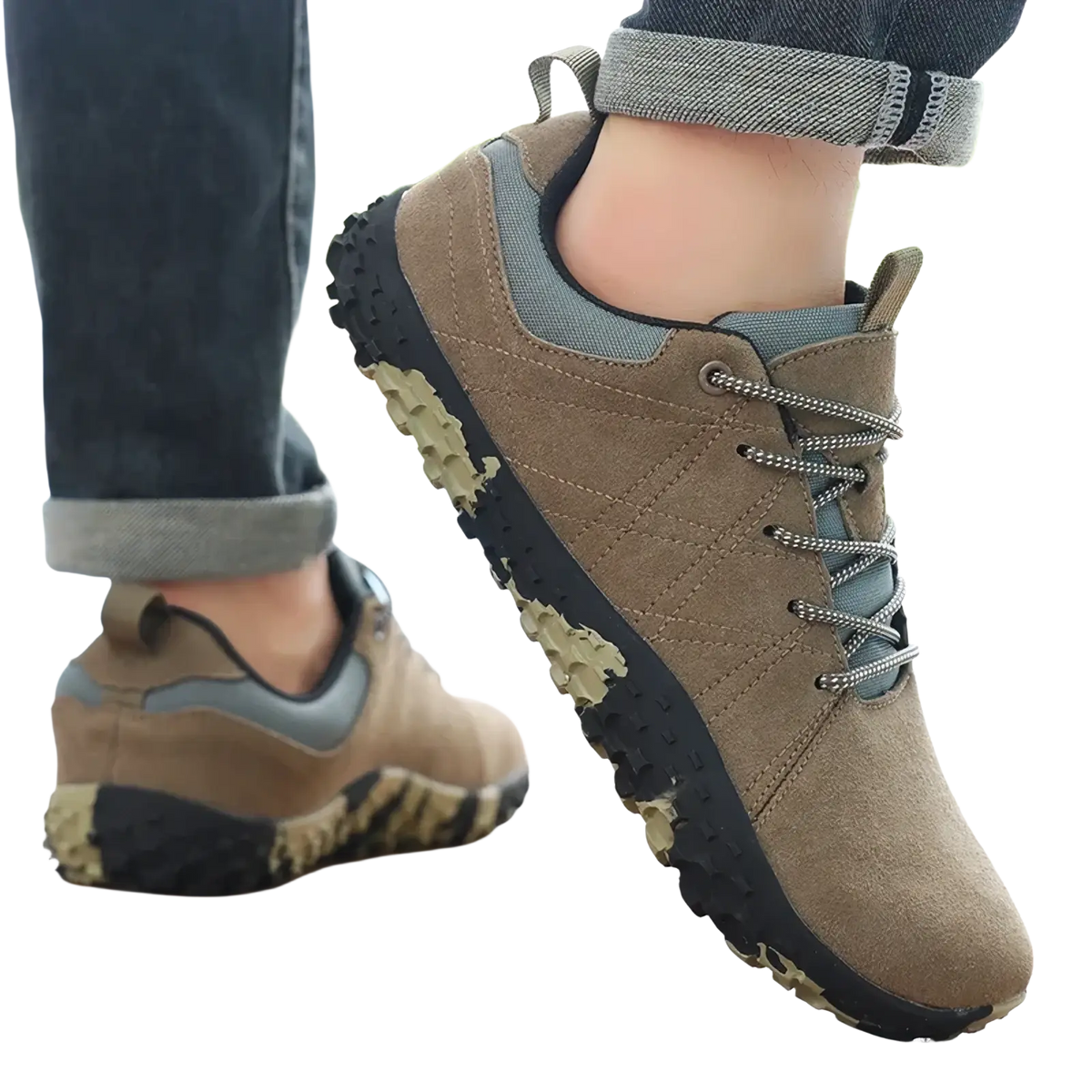 Men waterproof leather hiking shoes in tan suede with gray accents and rugged camouflage-patterned outsole
