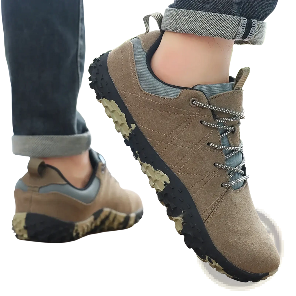 Men waterproof leather hiking shoes in tan suede with gray accents and rugged camouflage-patterned outsole