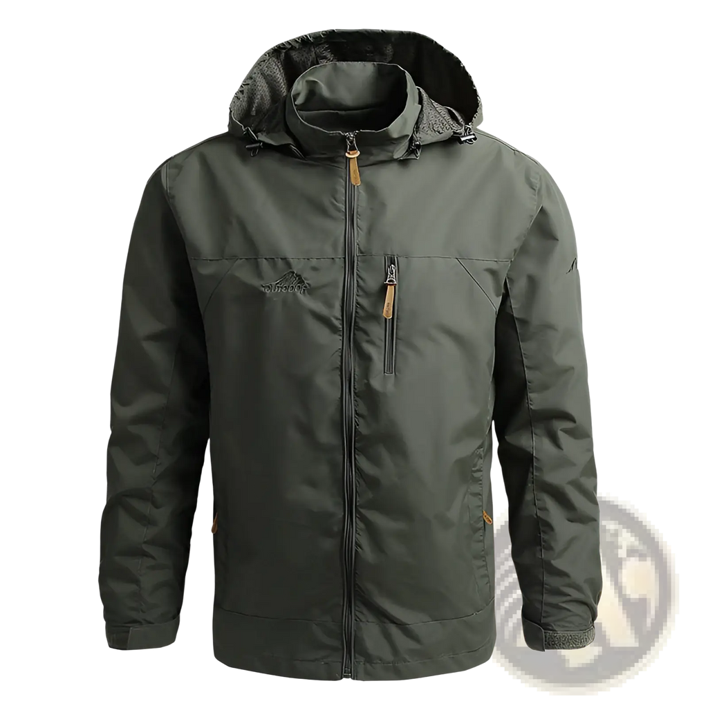 Men waterproof mountaineering shell jacket in dark olive green with fleece lining and tan zipper pulls