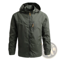 Men waterproof mountaineering shell jacket in dark olive green with fleece lining and tan zipper pulls