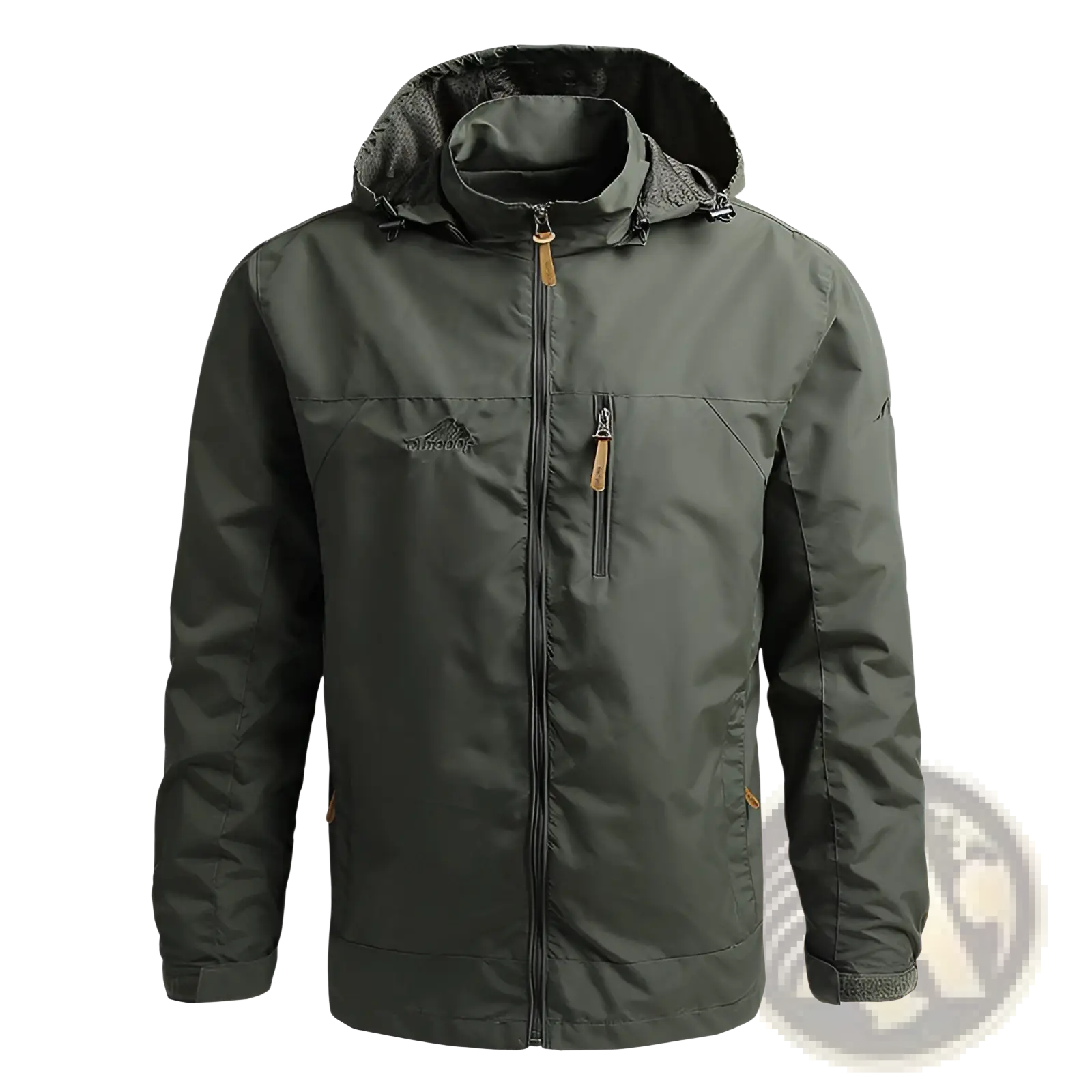 Men waterproof mountaineering shell jacket in dark olive green with fleece lining and tan zipper pulls