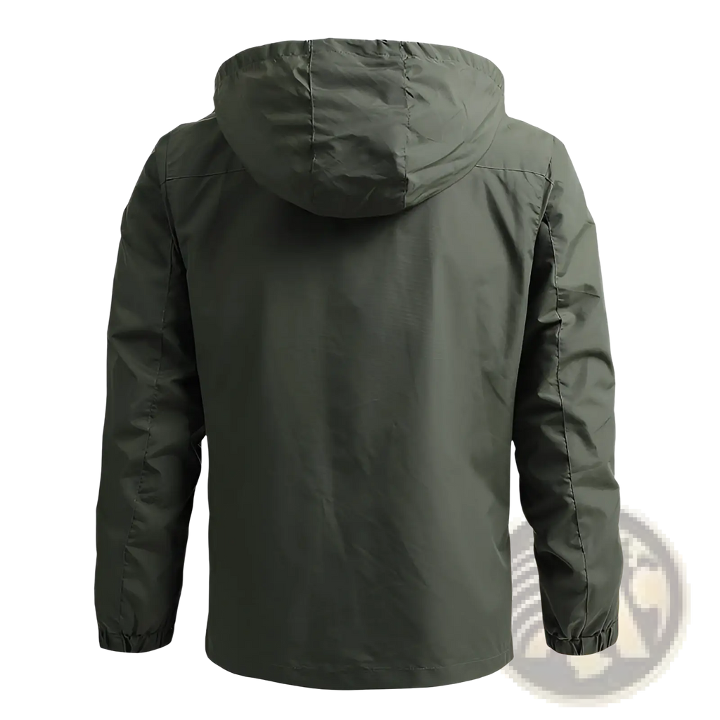 Men waterproof mountaineering shell jacket in dark olive green with smooth water-resistant fabric and elastic cuffs