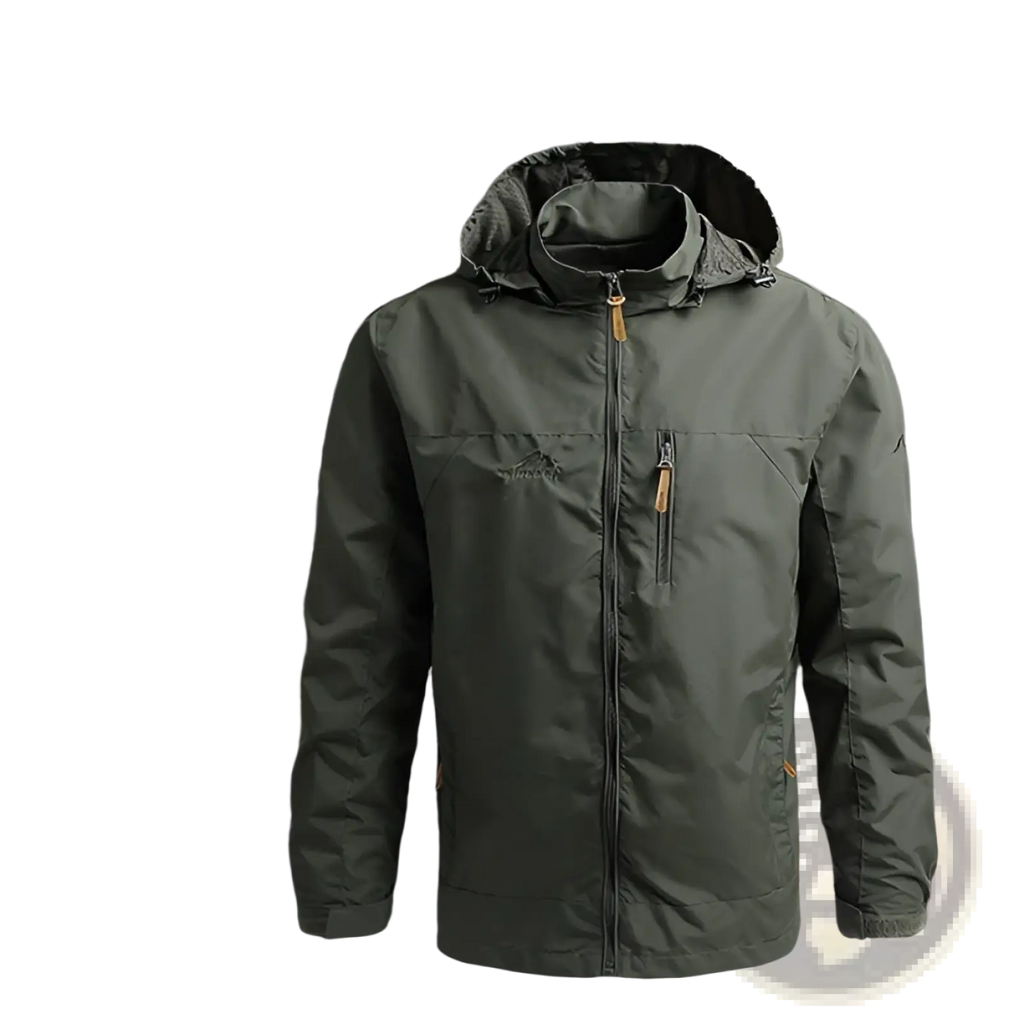 Men waterproof mountaineering shell jacket in olive green with yellow zipper pulls and a hood for outdoor use