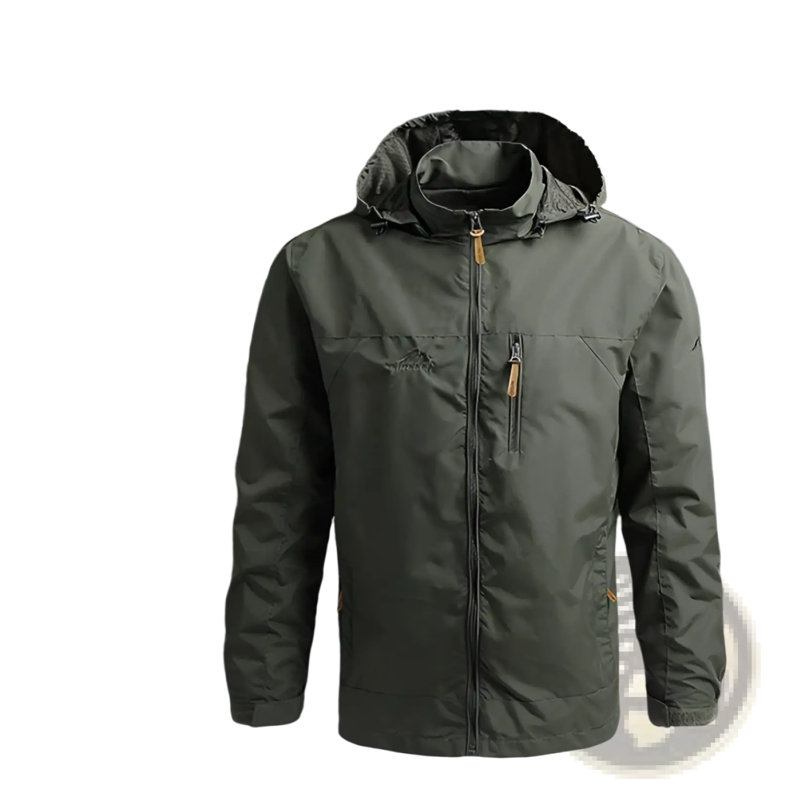 Men waterproof mountaineering shell jacket in olive green with yellow zipper pulls and a hood for outdoor use