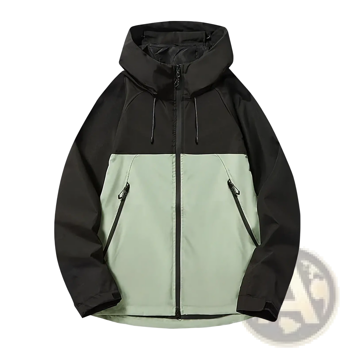 Men waterproof outdoor hiking jacket hooded sportswear in black and light green two-tone with sleek modern design