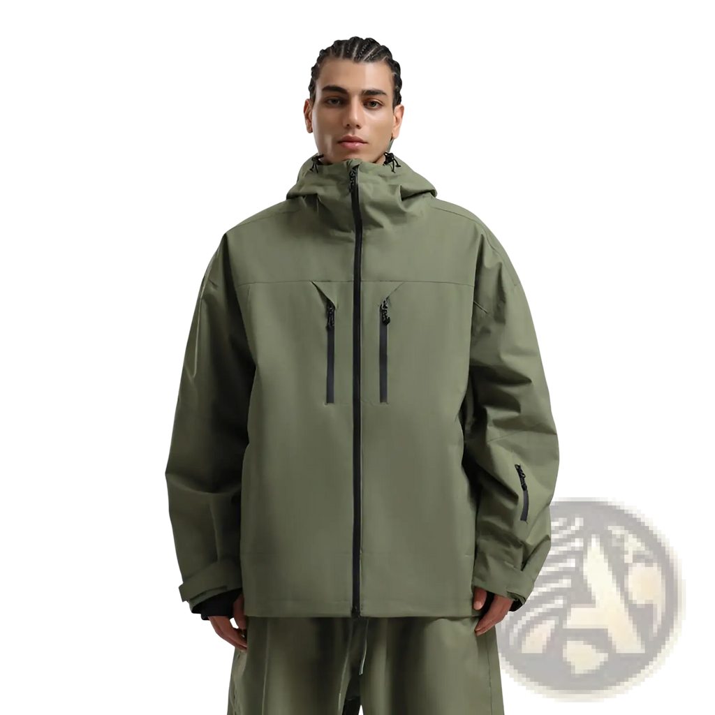 Olive green men waterproof ski jacket with black zipper accents and hood designed for breathable snow protection