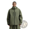 Olive green men waterproof ski jacket with black zipper accents and hood designed for breathable snow protection
