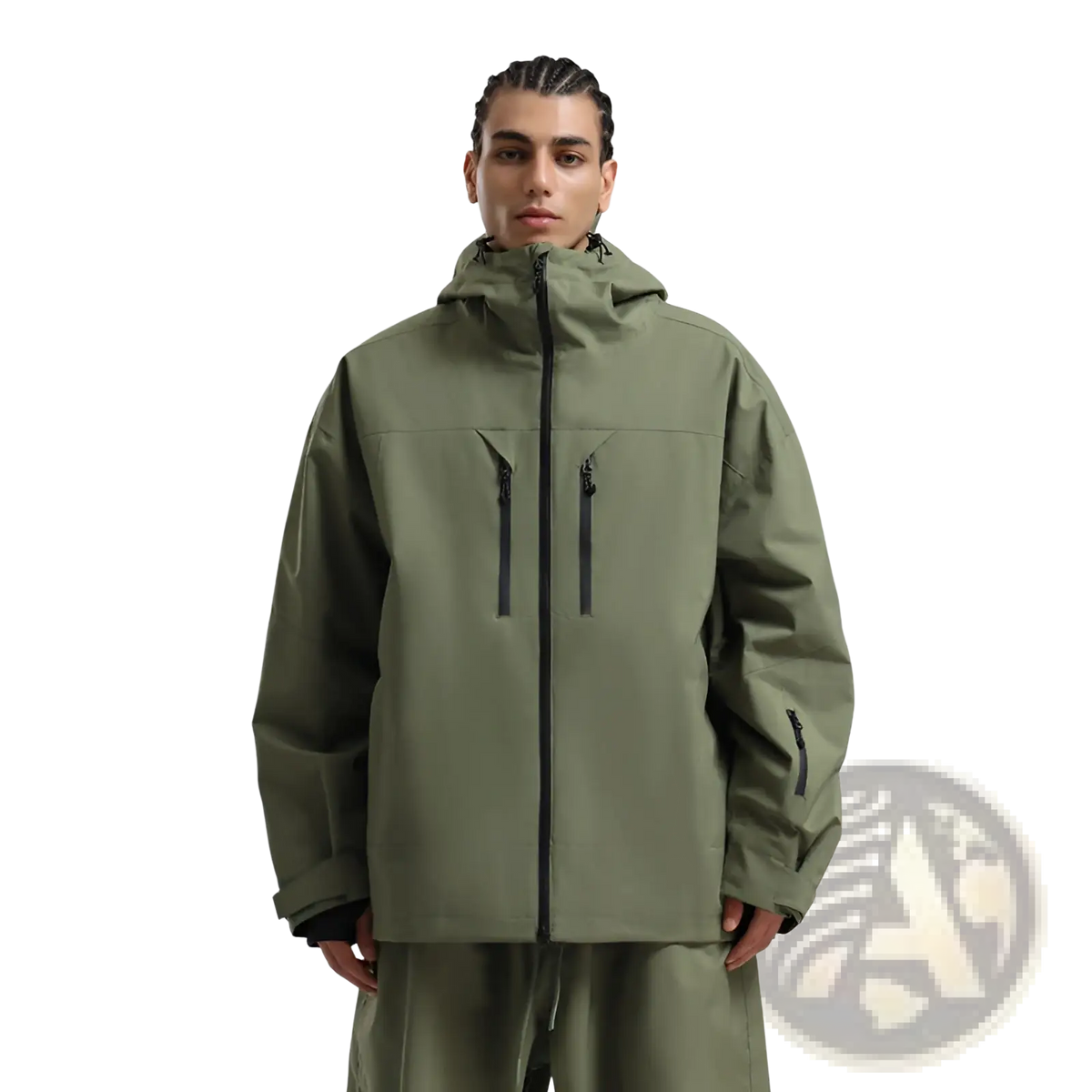 Olive green men waterproof ski jacket with black zipper accents and hood designed for breathable snow protection
