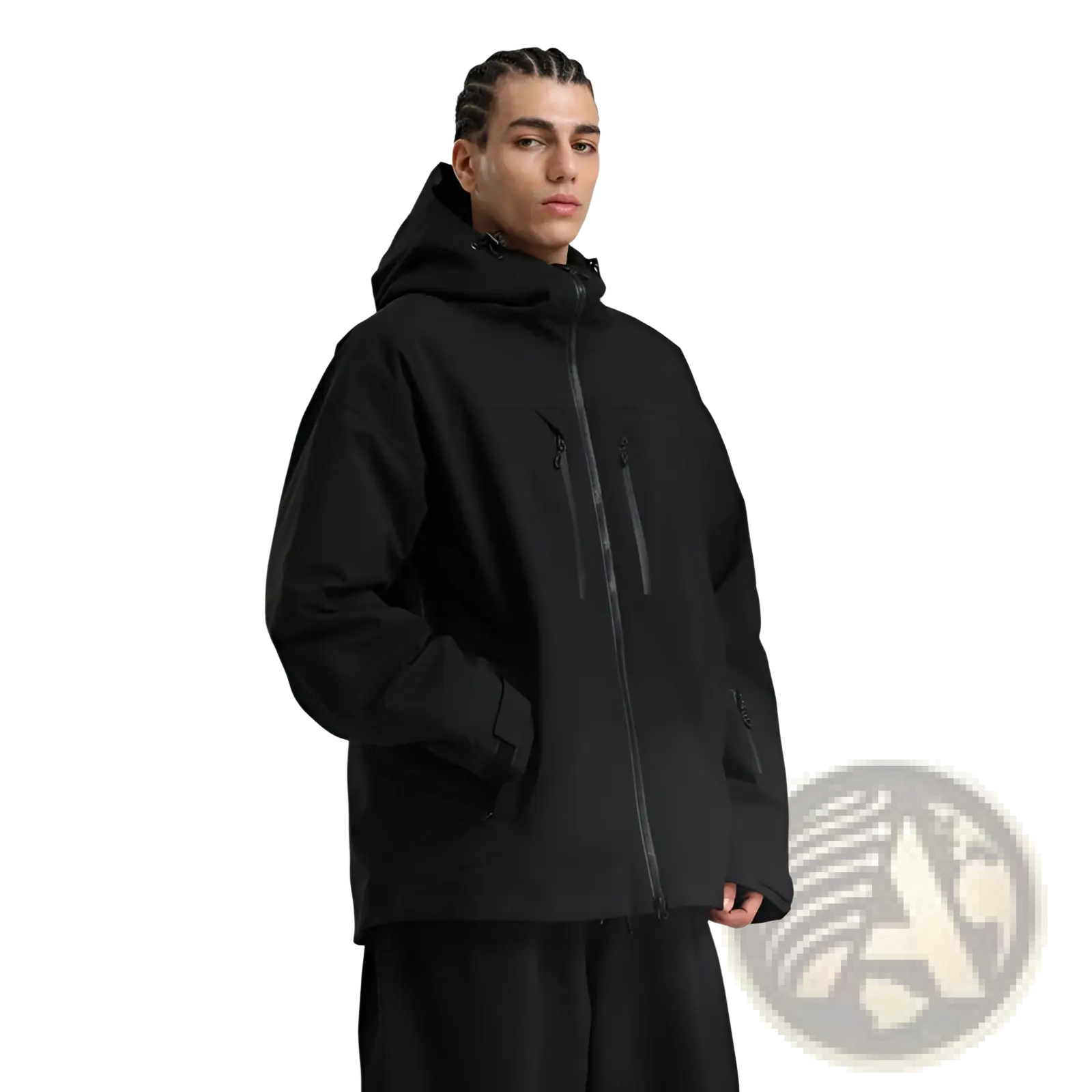 Men waterproof ski jacket black hooded with sleek minimalist design and subtle zipper detailing for snow use