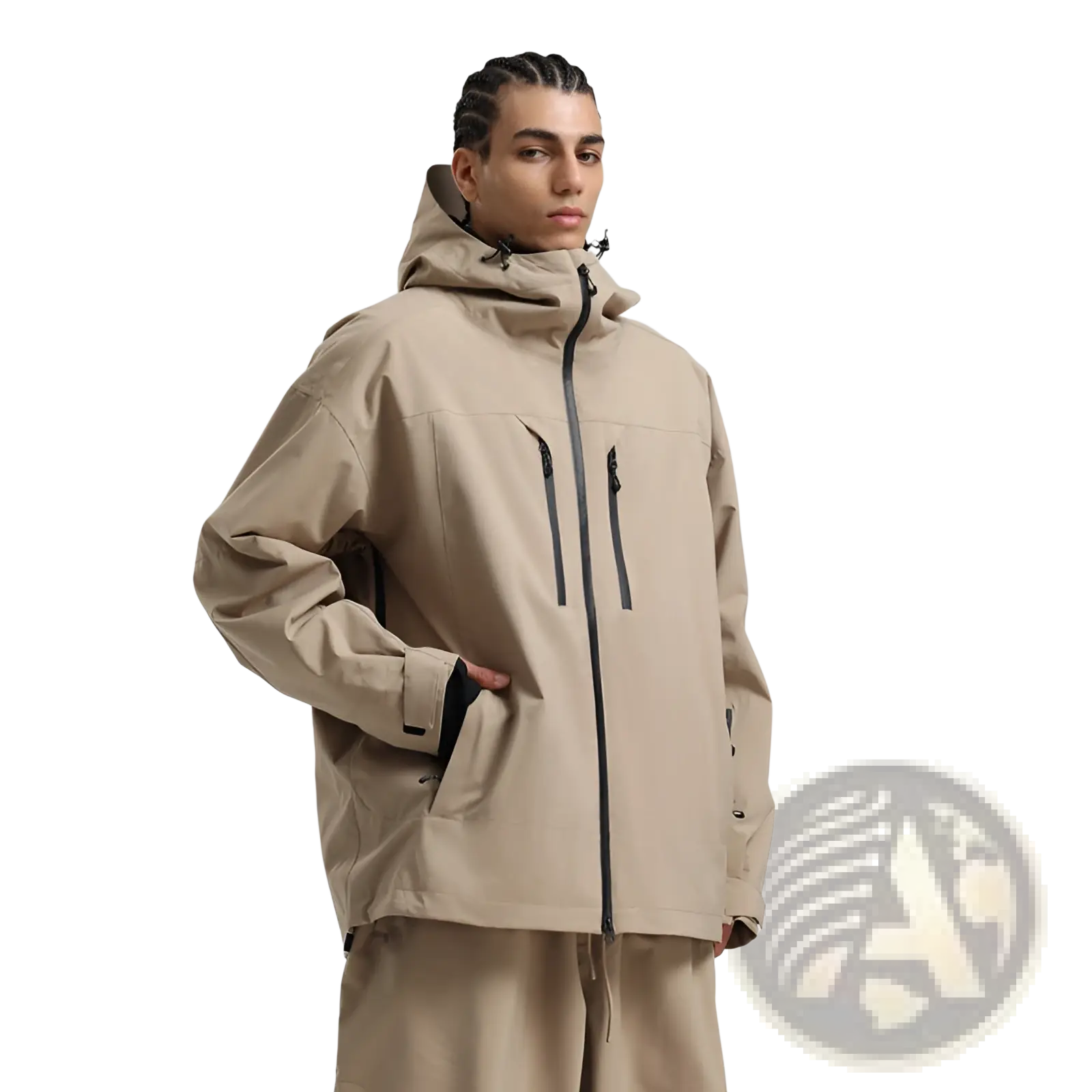 Beige waterproof men’s ski jacket with black zipper accents and hood designed for breathable snow protection
