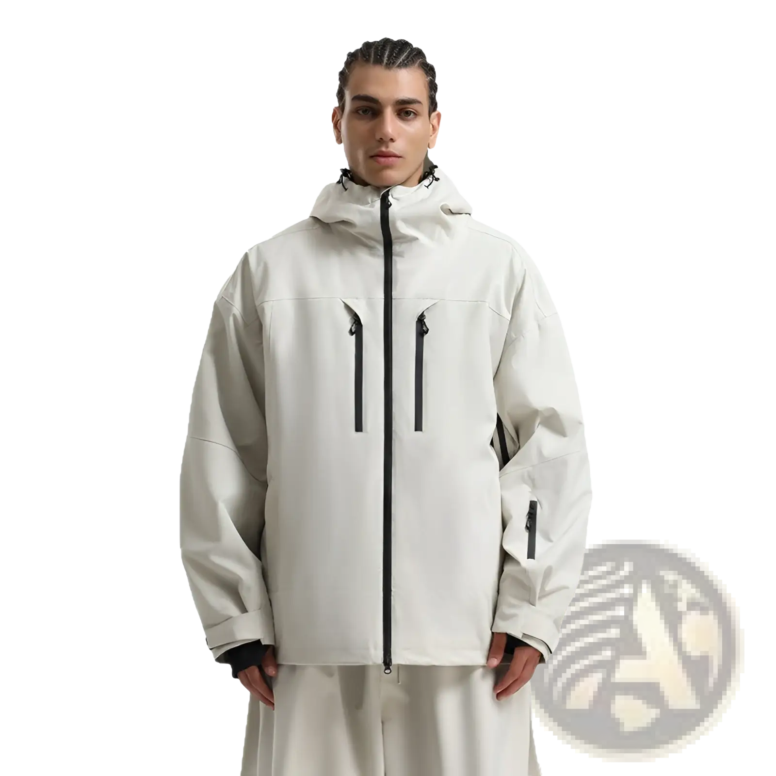 A sleek off-white men waterproof ski jacket with black zipper accents and a hood designed for breathable snow protection