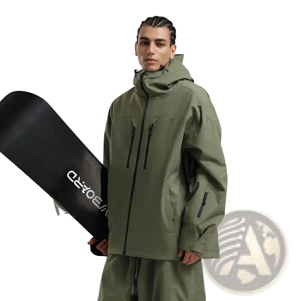 Men waterproof ski jacket in olive green with black zipper accents, high collar, and breathable snow coat design