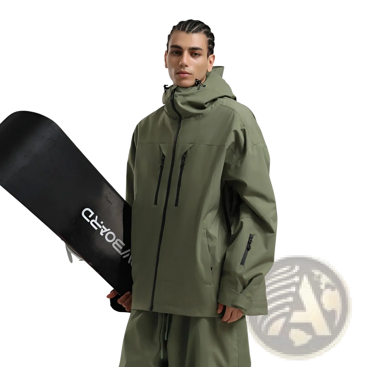 Men waterproof ski jacket in olive green with black zipper accents, high collar, and breathable snow coat design
