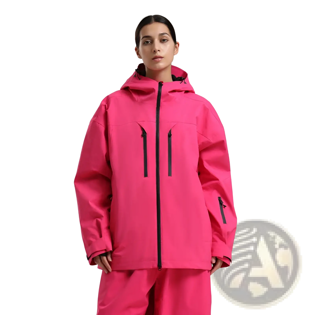 Vibrant pink men waterproof ski jacket with black zipper accents and hood, breathable loose snow coat