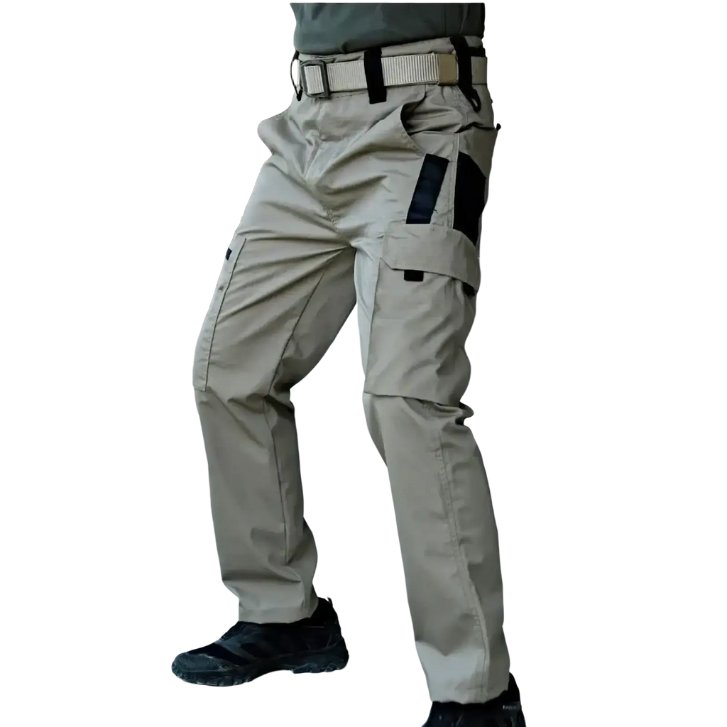 Beige waterproof tactical cargo pants with black reinforced panels and multiple utility pockets for men