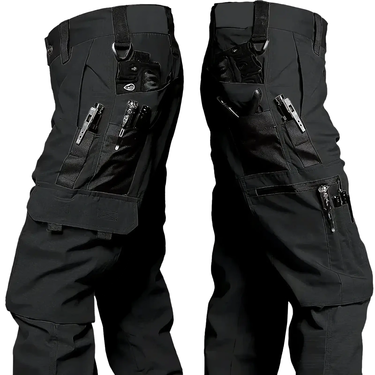 Black waterproof tactical cargo pants for men with multiple pockets and tool storage compartments for durability