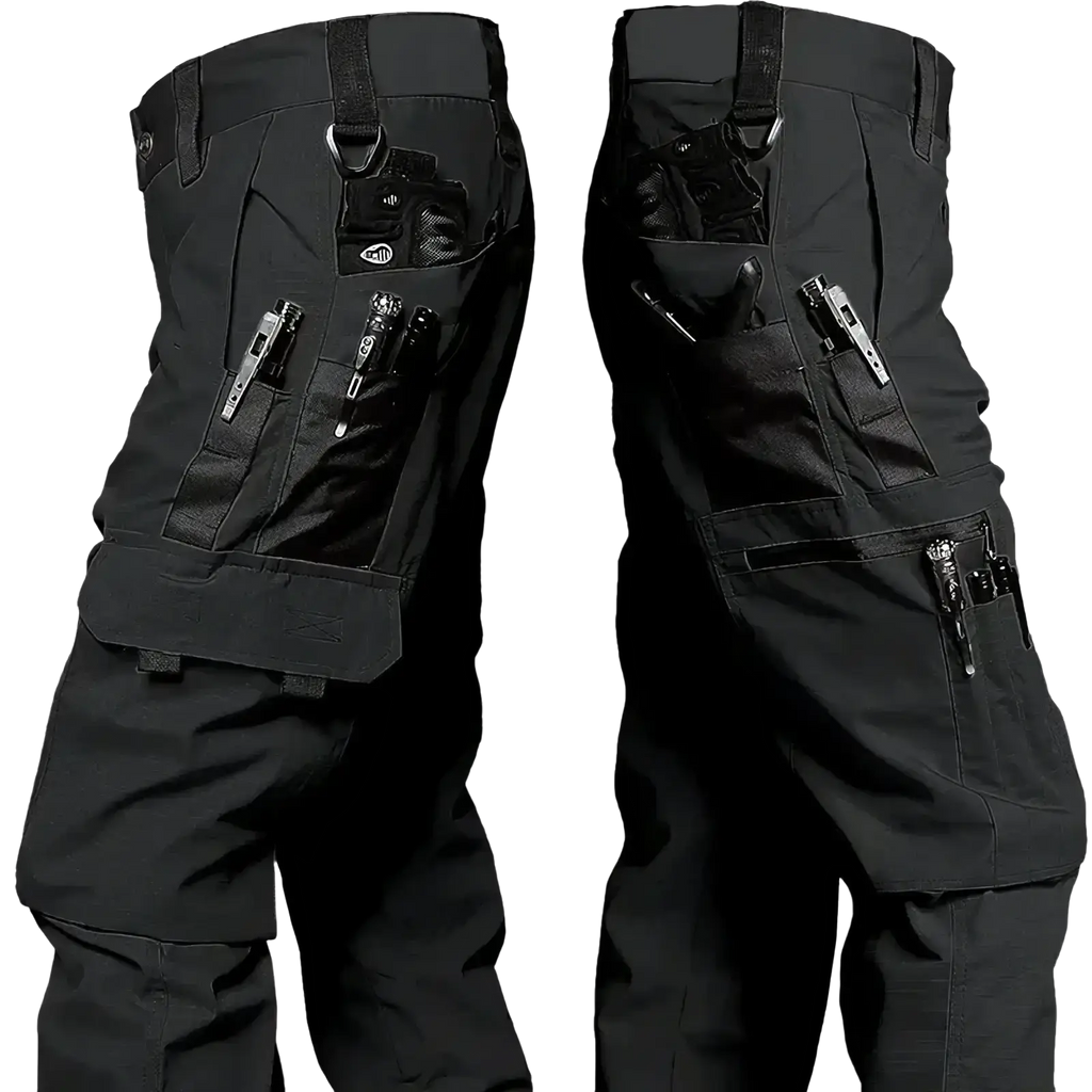 Black waterproof tactical cargo pants with multiple utility pockets and reinforced stitching for durability