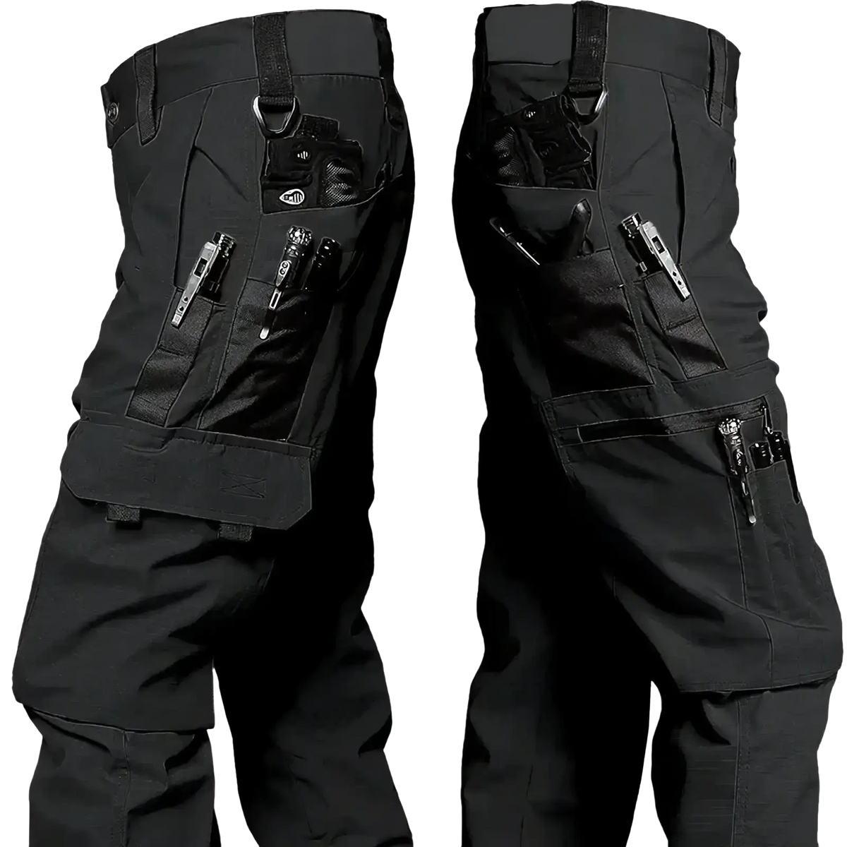 Black waterproof tactical cargo pants with multiple utility pockets and reinforced stitching for durability