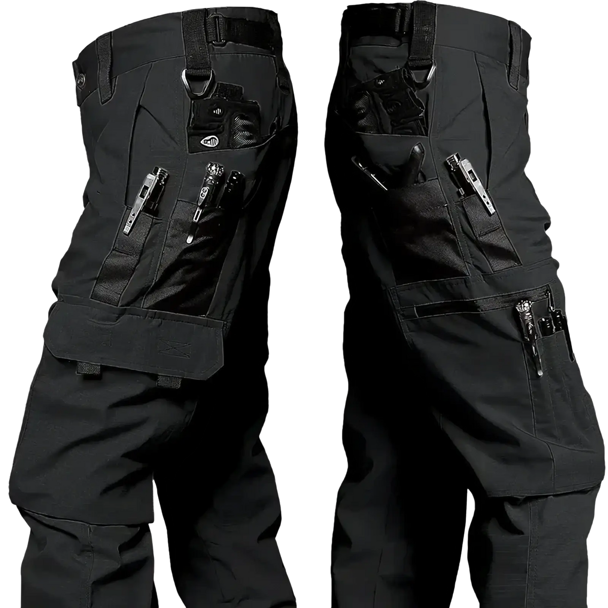 Men waterproof tactical cargo pants in black showing multiple pockets and utility straps on the back side