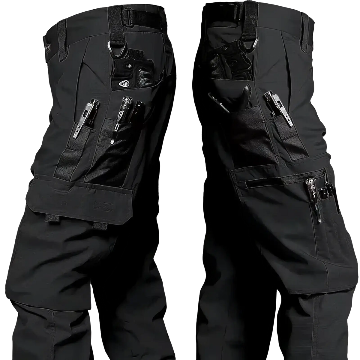 Men waterproof tactical cargo pants in black featuring multiple utility pockets and zipper closures for durability
