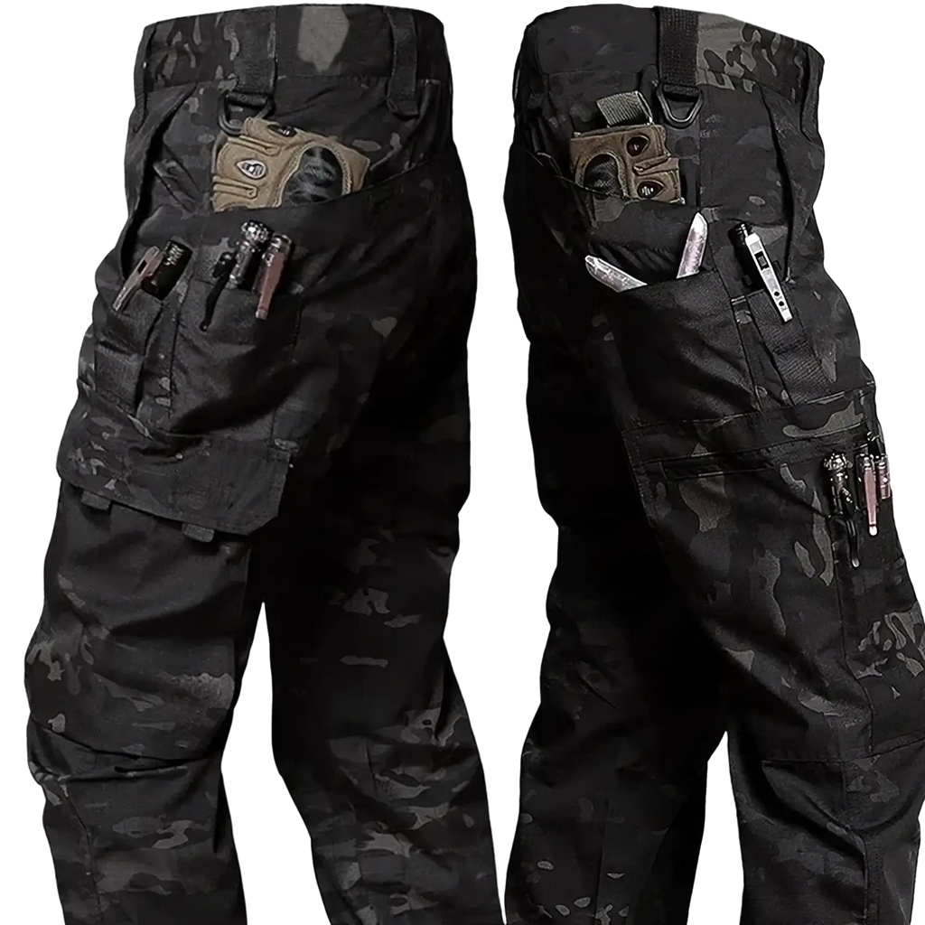 Men waterproof tactical cargo pants in black and dark gray featuring multiple pockets holding tools and a utility pouch