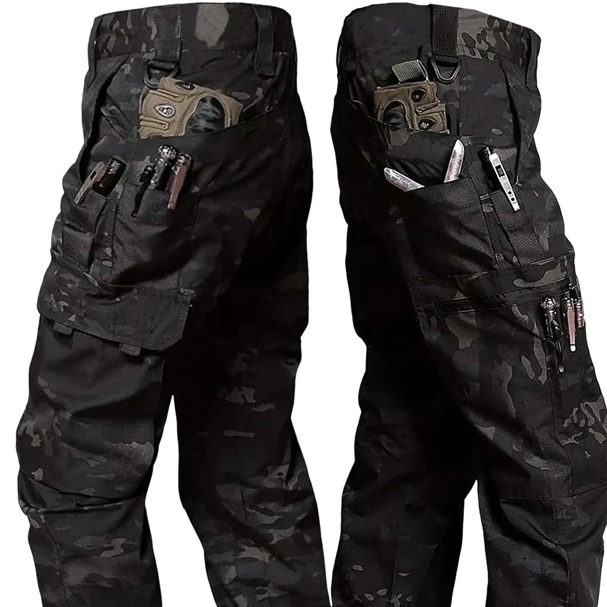 Men waterproof tactical cargo pants in black and dark gray featuring multiple pockets holding tools and a utility pouch