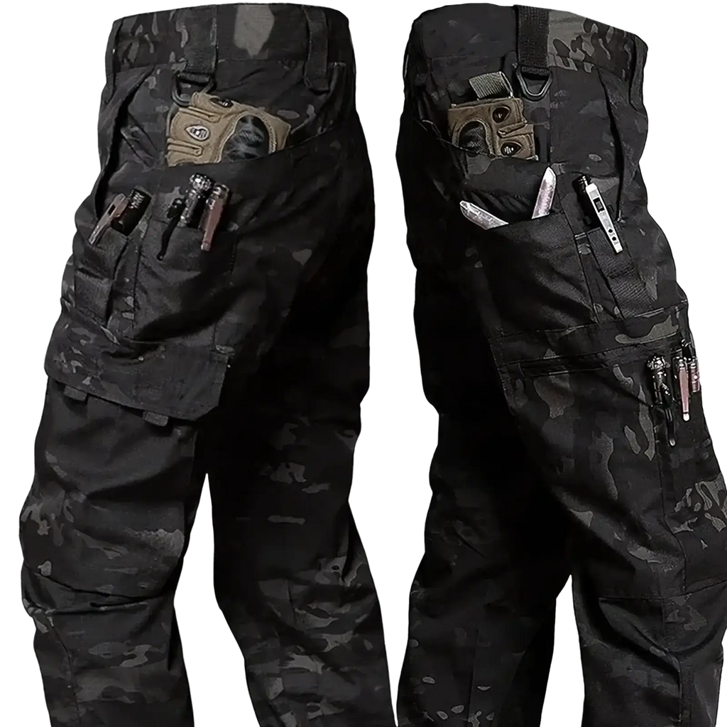 Black and dark gray waterproof tactical cargo pants with multiple utility pockets holding tools and gear for men
