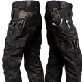 Black and dark gray waterproof tactical cargo pants with multiple utility pockets holding tools and gear for men