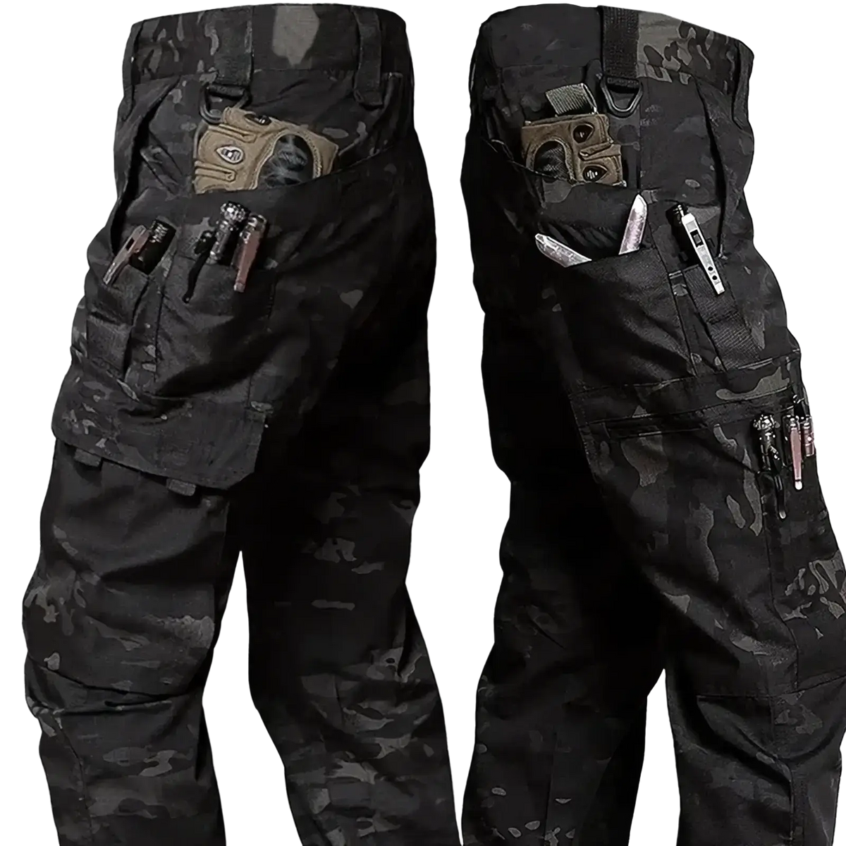 Black and dark gray waterproof tactical cargo pants with multiple utility pockets holding tools and gear for men