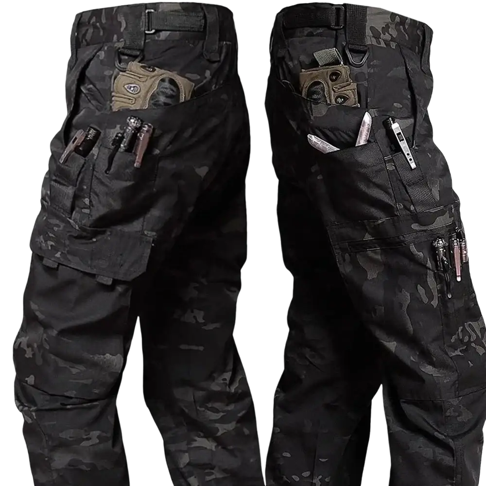 Men waterproof tactical cargo pants in black and dark gray camouflage with multiple utility pockets shown from the back