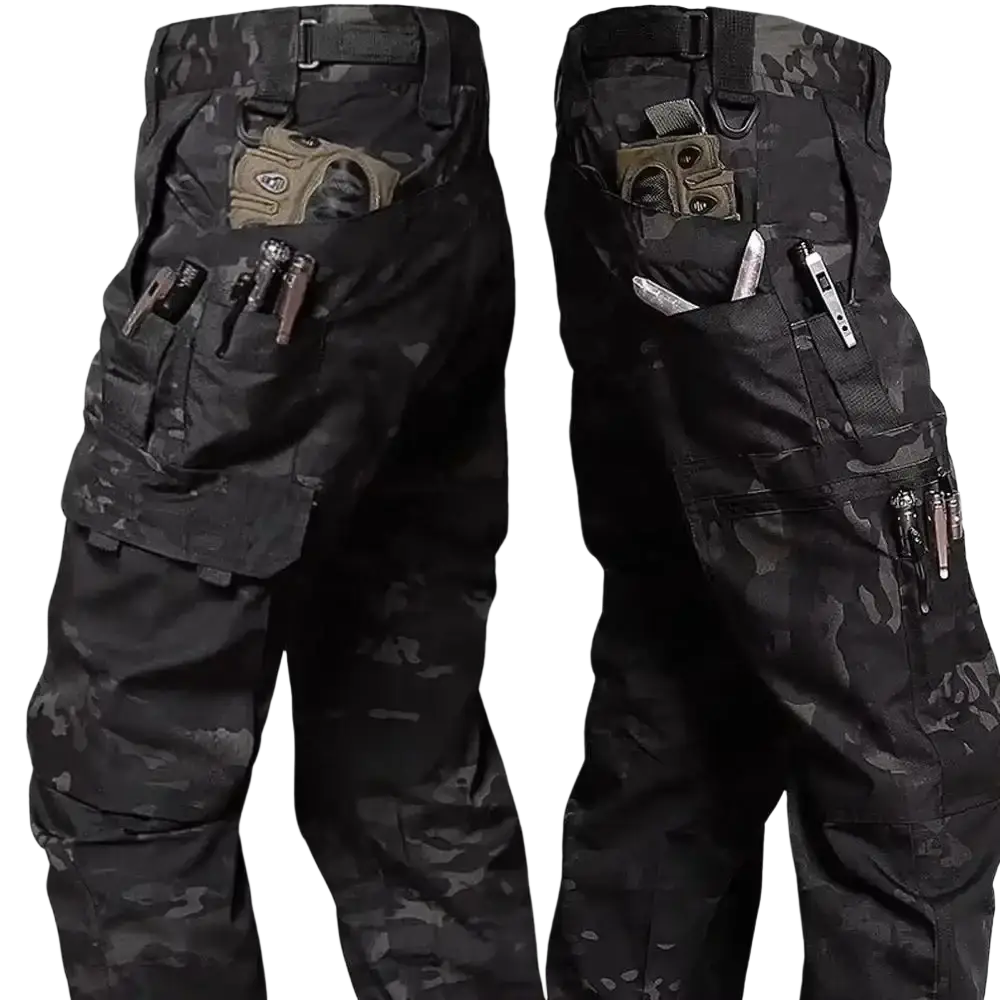 Black and gray waterproof men tactical cargo pants with multiple utility pockets for versatile outdoor use