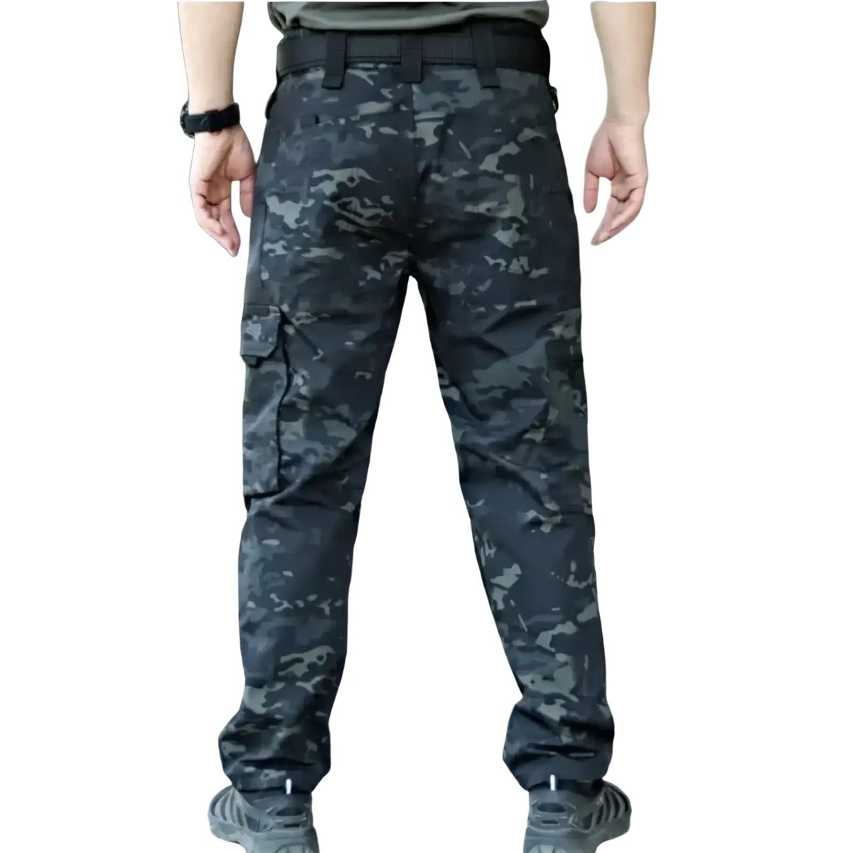 Black and gray waterproof tactical cargo pants featuring multiple cargo pockets designed for durability and utility
